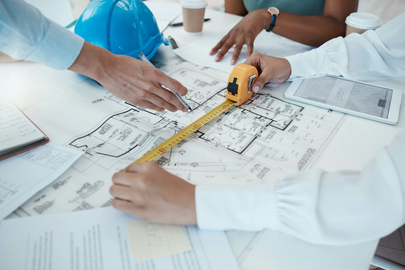 Architecture hands, blueprint design and tape measure for construction scale, property planning and